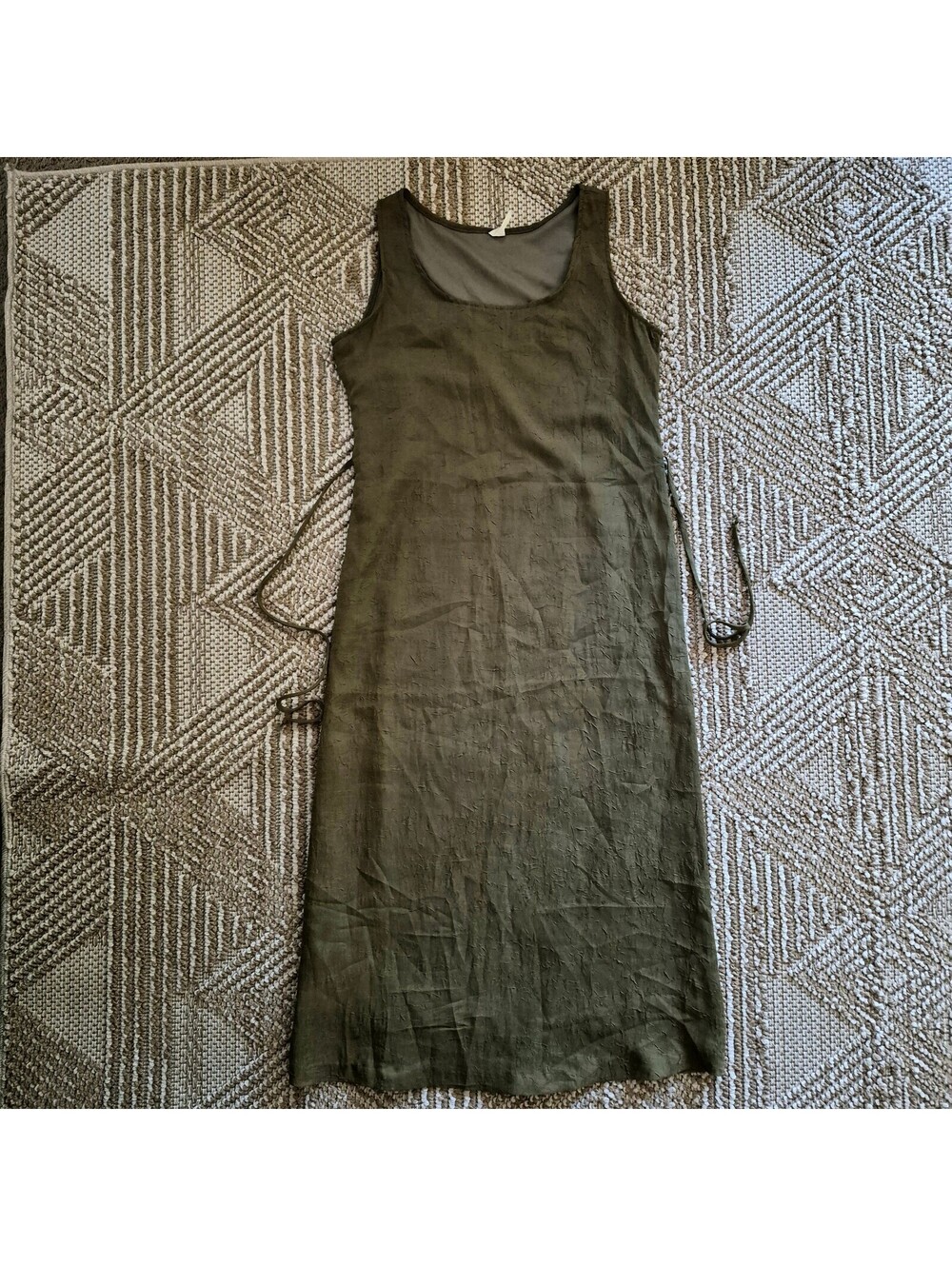 Vintage 90s Olive Green Crinkle Plissé Maxi Tank Dress Earthy Grunge M L